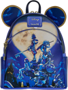 Backpack with Disney design featuring characters and castle, against a blue background.