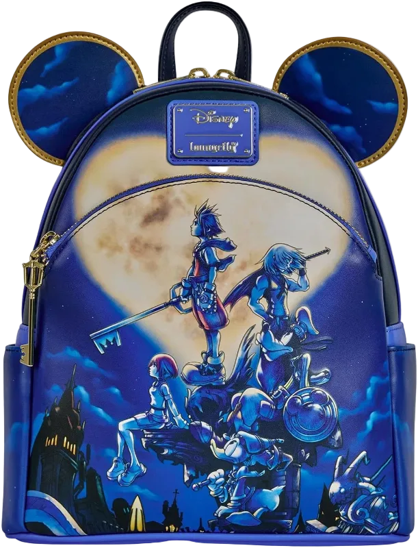 Backpack with Disney design featuring characters and castle, against a blue background.