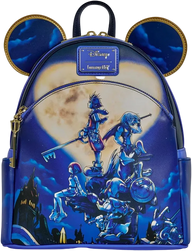 Backpack with Disney design featuring characters and castle, against a blue background.