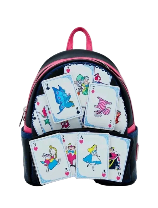 Backpack with playing card designs on a white background