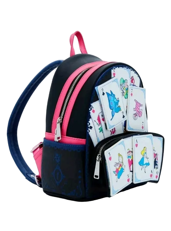 Black backpack with pink accents and playing card designs on a white background