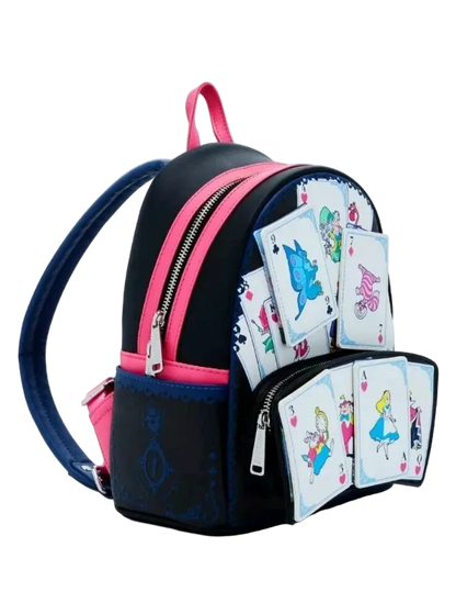 Black backpack with pink accents and playing card designs on a white background