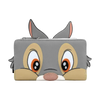 A gray zip-around wallet designed like a cartoon animal face, featuring large eyes, tan cheeks, and pink inner ears, shown on a plain white background.