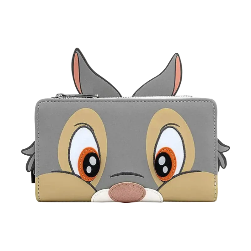 A gray zip-around wallet designed like a cartoon animal face, featuring large eyes, tan cheeks, and pink inner ears, shown on a plain white background.