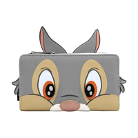 A gray zip-around wallet designed like a cartoon animal face, featuring large eyes, tan cheeks, and pink inner ears, shown on a plain white background.