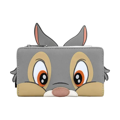 A gray zip-around wallet designed like a cartoon animal face, featuring large eyes, tan cheeks, and pink inner ears, shown on a plain white background.