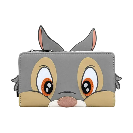 A gray zip-around wallet designed like a cartoon animal face, featuring large eyes, tan cheeks, and pink inner ears, shown on a plain white background.
