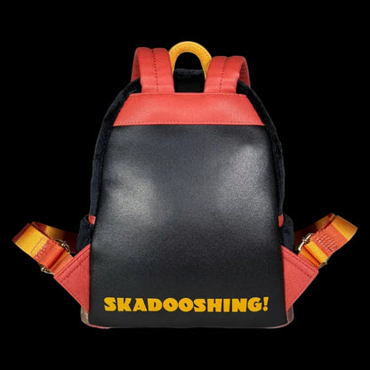 Black backpack with red accents and 'SKADOOSHING!' text on a white background