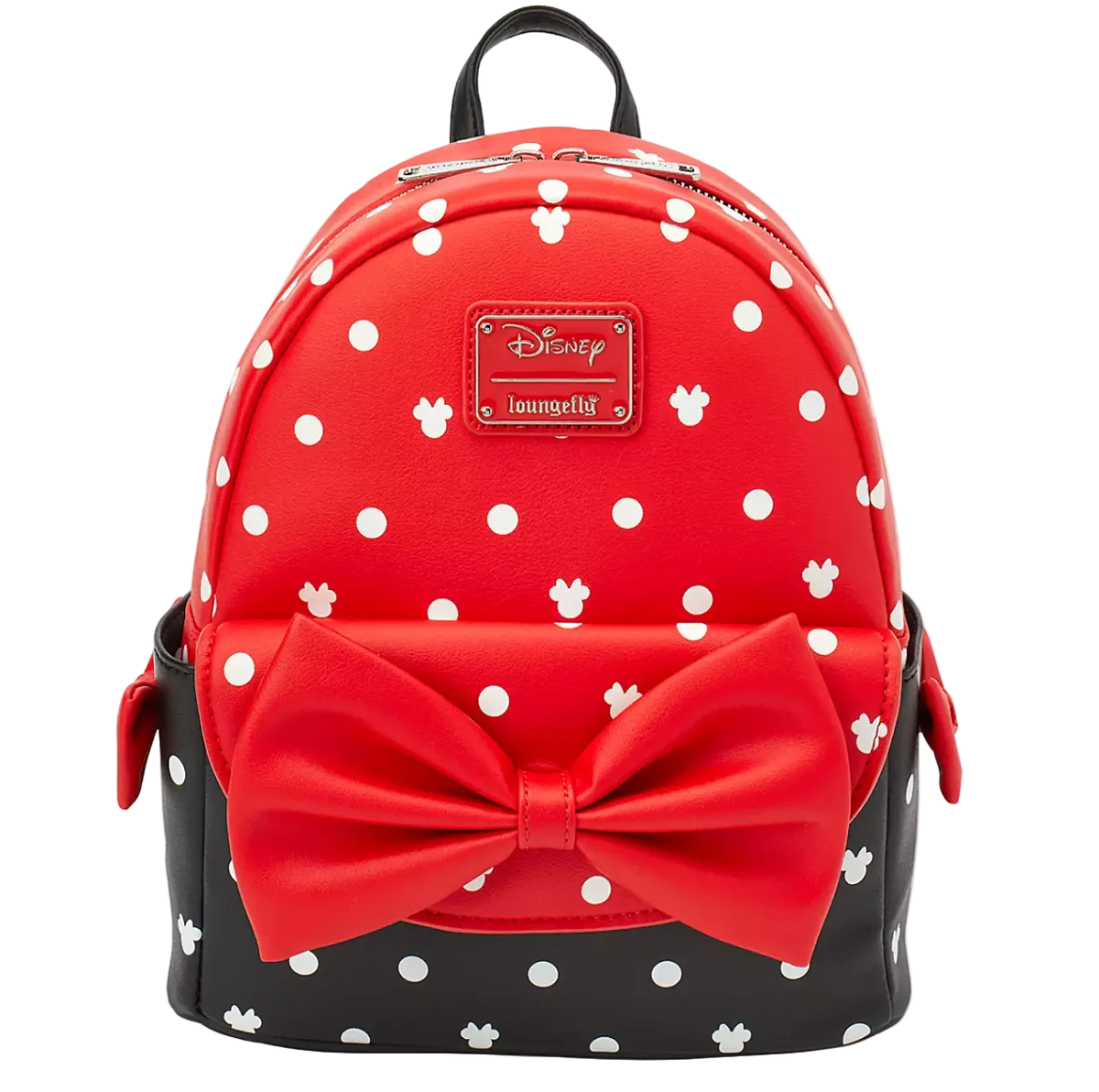 A red and black polka dot mini backpack with a large red bow on the front, featuring a Disney Loungefly logo patch on the upper front.