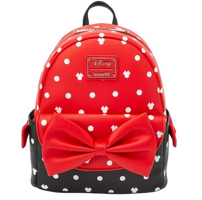 A red and black polka dot mini backpack with a large red bow on the front, featuring a Disney Loungefly logo patch on the upper front.