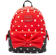 A red and black polka dot mini backpack with a large red bow on the front, featuring a Disney Loungefly logo patch on the upper front.