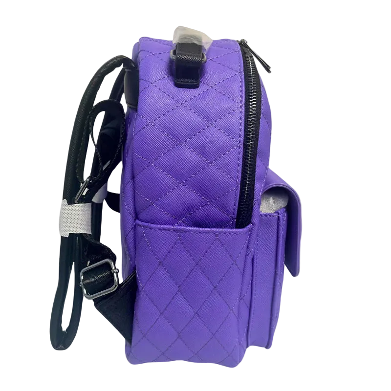 Purple quilted backpack with a strap on a white background