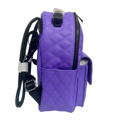 Purple quilted backpack with a strap on a white background
