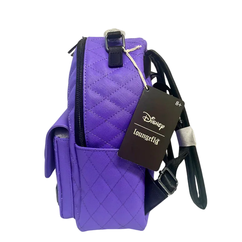 Purple quilted backpack with a tag on a white background