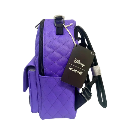 Purple quilted backpack with a tag on a white background