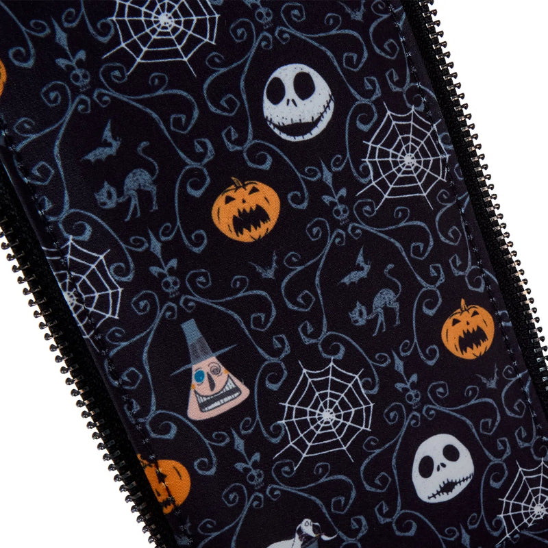 Halloween-themed pattern with pumpkins, ghosts, and cobwebs on a black background.