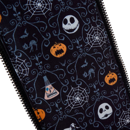 Halloween-themed pattern with pumpkins, ghosts, and cobwebs on a black background.