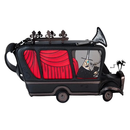 Black car-shaped handbag with red interior and decorative elements on a white background